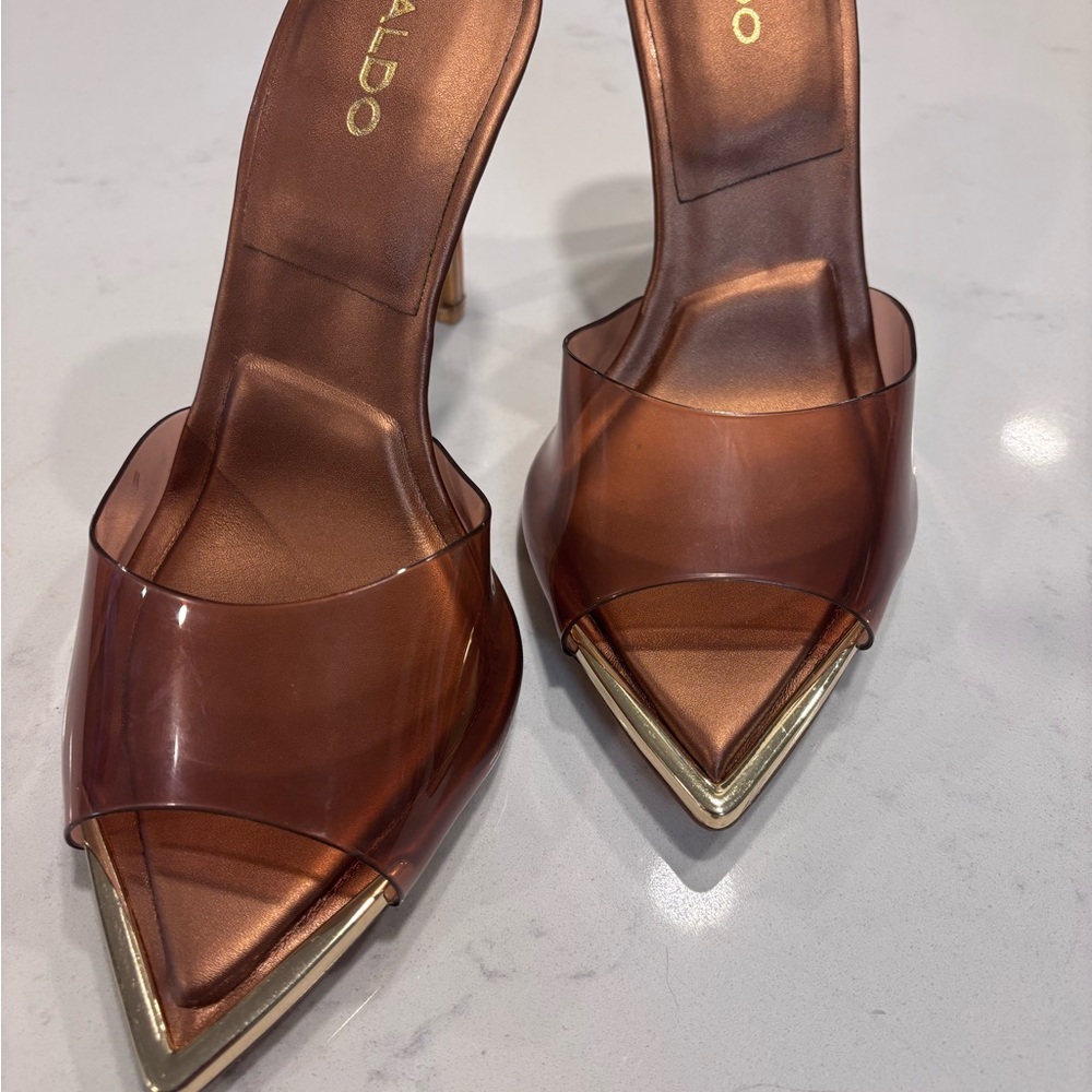 Aldo Bronze Metallic Pointed Clear-Brown Mule with Gold Accent